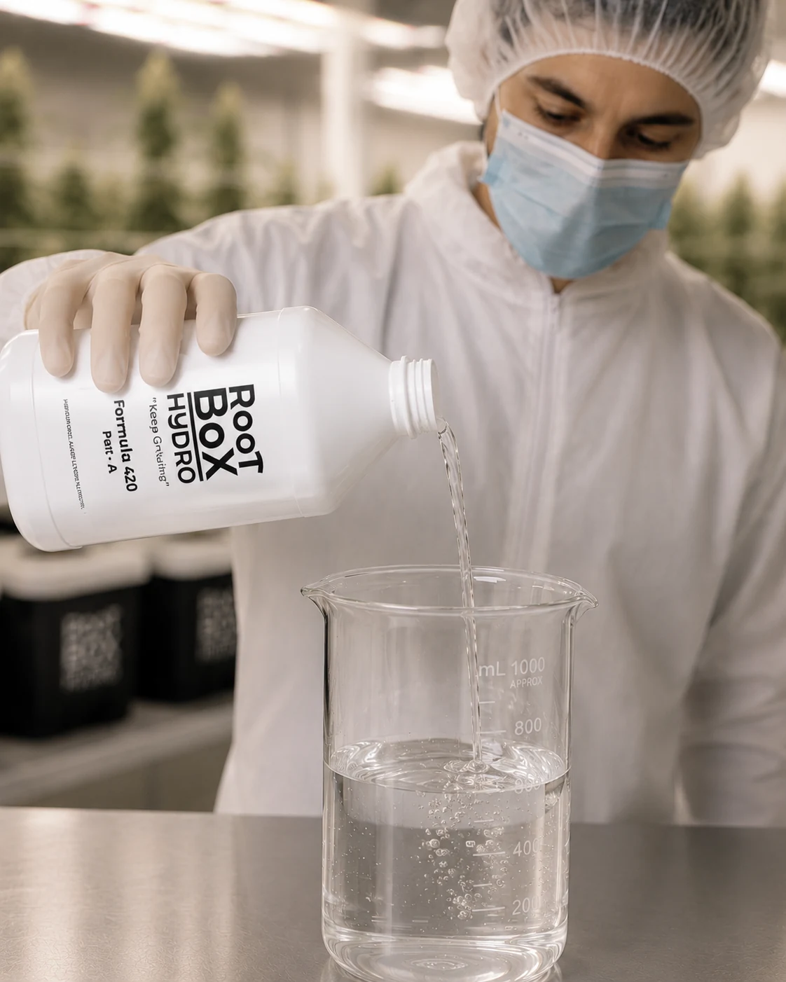 A cultivation technician measuring RootBox Hydro Formula 420 nutrient solution in a laboratory beaker.